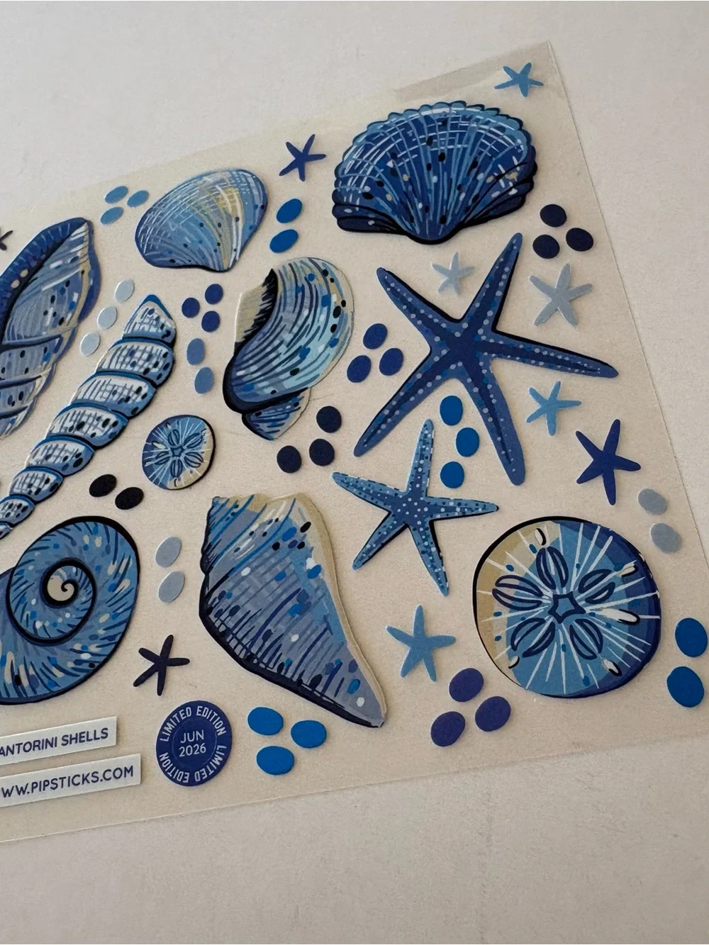 Santorini Shells Blue Seashell Sticker Sheet - Scrapbook junk journal